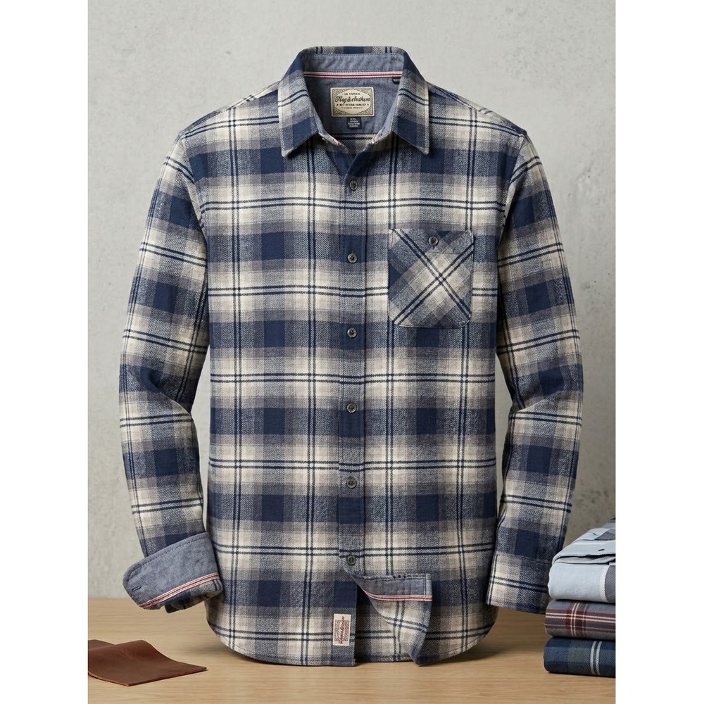 Flag & Anthem Mens XXL Blue Cream Plaid Flannel Button Down Shirt Cotton LN